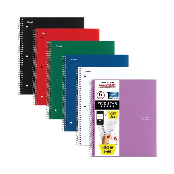 Five Star Wirebound Notebook, 1 Subject, Medium/College Rule, Randomly Assorted Covers, 11x8.5, 100 Sheet, 6PK 38052